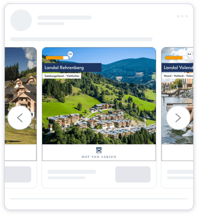 Facebook dynamic ad from Landal Greenparks. The ad features branding, product image, product name and persuasion in the form of social proof: customer ratings.