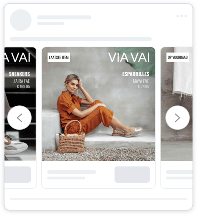 Facebook dynamic ad from the shoe retailer VIA VAI. The ad features branding, product image, product name and price and persuasion in the form of urgency: last item sticker.
